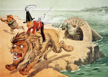 „Der Löwe kann dem Krähen des Hahns nicht standhalten“, die amerikanische Sicht auf die Angst vor dem Kanaltunnel, Illustration aus der Zeitschrift „Puck“